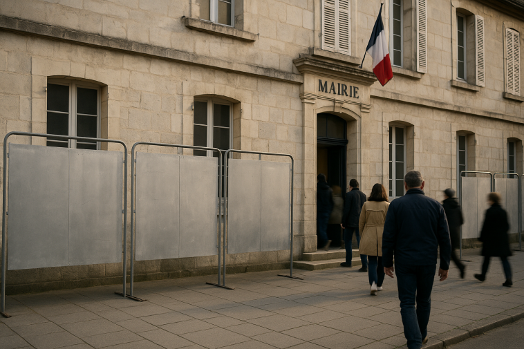 Vue d’une mairie de ville française encadrée par des panneaux électoraux neutres et des électeurs anonymes entrant dans un bureau de vote
