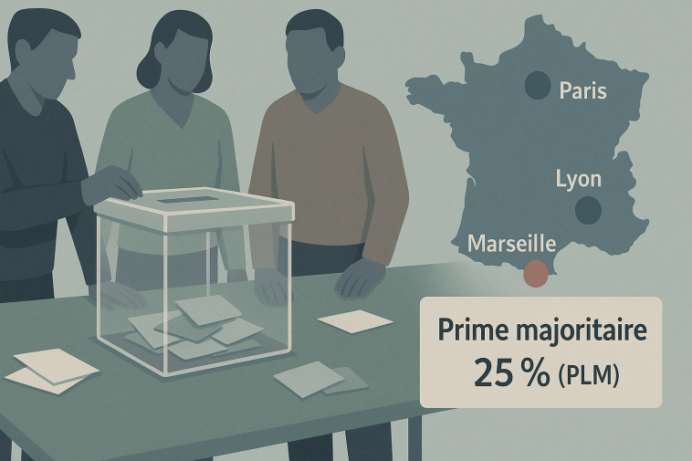 Salle de dépouillement électoral avec urnes et cartes de Paris Lyon Marseille en surimpression