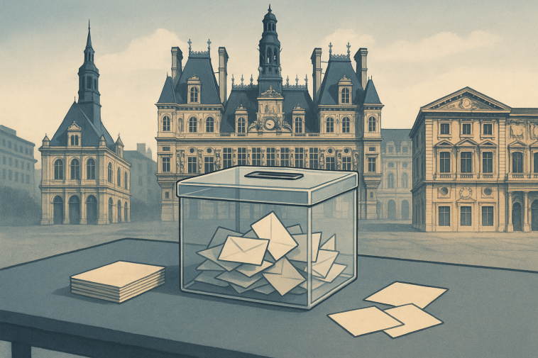 Façades symboliques des mairies de Paris, Lyon et Marseille avec urnes anonymes au premier plan