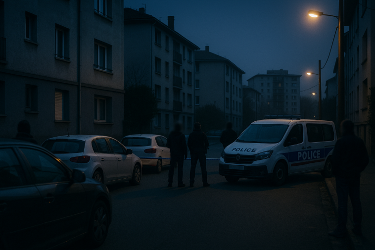 Quartier urbain la nuit avec présence policière et barrières de sécurité, sans visages identifiables