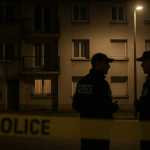 Saint-Priest : une femme tuée au domicile, l'époux placé en garde à vue Façade d’un immeuble résidentiel la nuit, rubalise de police et silhouettes floues de deux intervenants, ambiance sobre et respectueuse
