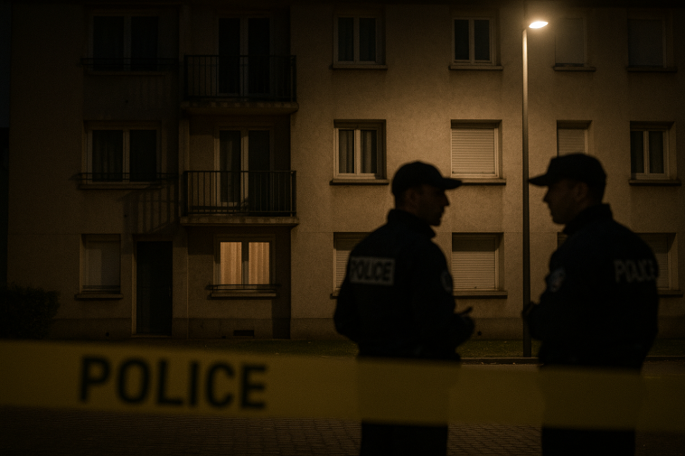 Façade d’un immeuble résidentiel la nuit, rubalise de police et silhouettes floues de deux intervenants, ambiance sobre et respectueuse