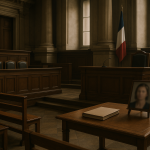 Affaire Narumi : un troisième procès à Lyon pour trancher après des années de procédure Salle d'audience de cour d'assises vide, ambiance solennelle, drapeau français et siège du président du tribunal