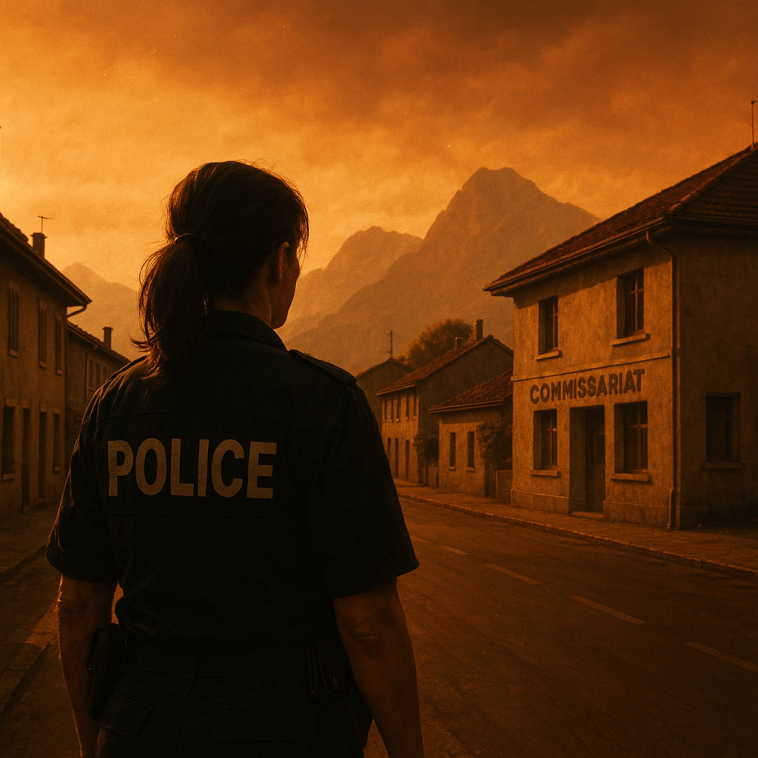 Rue d'Annemasse sous une canicule : silhouette d'une femme en veste de police, montagnes en arrière-plan, lumière orange du crépuscule