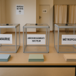 Municipales 2026 : pourquoi l’organisation en 'PLM' fait craindre des erreurs de bulletins dans les grandes villes Intérieur d’un bureau de vote neutre montrant trois urnes distinctes et des piles de bulletins colorés, sans visage identifiable