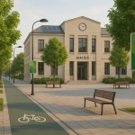 Municipales 2026 : la vague verte en plein reflux ? Façade d'une mairie municipale européenne stylisée avec éléments verts (arbres, pistes cyclables), sans logos ni personnes reconnaissables