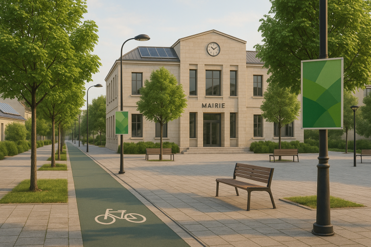 Façade d'une mairie municipale européenne stylisée avec éléments verts (arbres, pistes cyclables), sans logos ni personnes reconnaissables