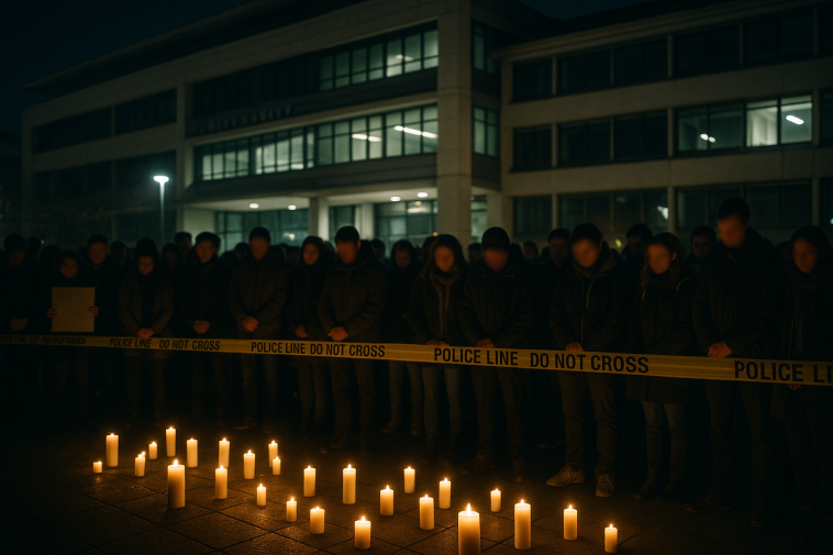 Veillée aux bougies et foule indistincte près d’un bâtiment universitaire la nuit, ruban de police en arrière-plan