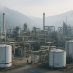 Vue d'ensemble d'une usine chimique moderne nichée dans une vallée industrielle, sans logos ni marques visibles, au lever du jour