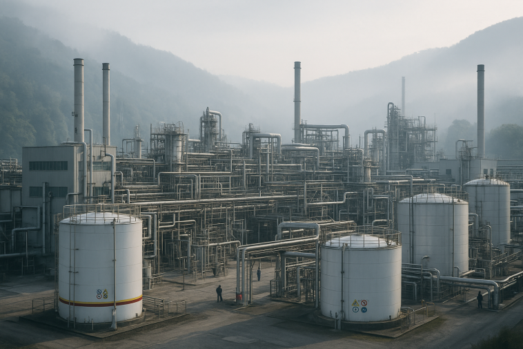 Vue d'ensemble d'une usine chimique moderne nichée dans une vallée industrielle, sans logos ni marques visibles, au lever du jour