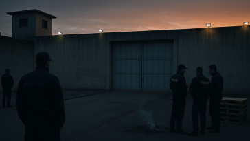 Portail d'une maison d'arrêt au crépuscule, barrières et silhouette d'agents en arrière-plan