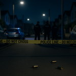 Rue résidentielle de nuit avec voitures stationnées et ruban de police, silhouettes de policiers en arrière-plan, ambiance tendue mais aucun visage reconnaissable