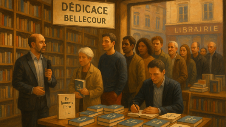 Scène de dédicace dans une librairie lyonnaise avec file d’attente et table de livres