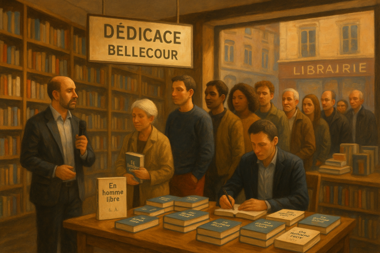 Scène de dédicace dans une librairie lyonnaise avec file d’attente et table de livres