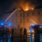 Façade nocturne d’un ancien bâtiment scolaire en pierre, fumée et éclairage de secours, pompiers à l’oeuvre