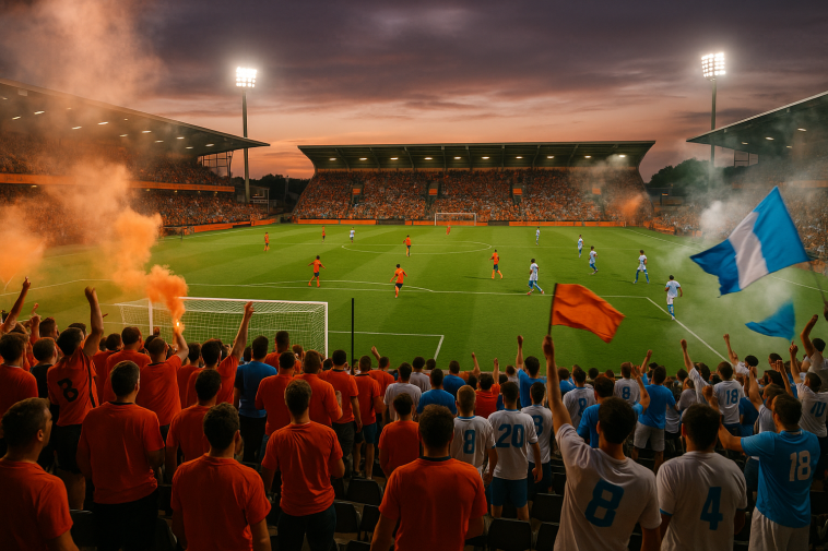 Vue panoramique du Stade du Moustoir lors d’un match entre Lorient et Marseille, avec supporters, filets et éclairage nocturne