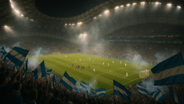 Vue générale du stade Vélodrome avec des supporters et une ambiance tendue lors d'un match en soirée