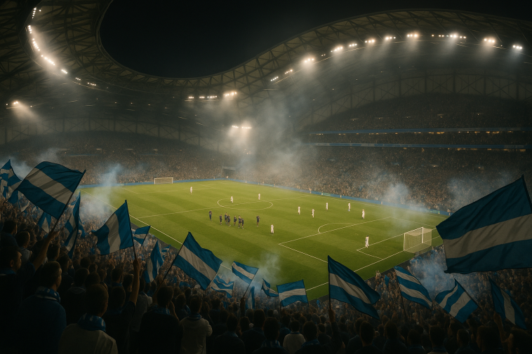 Vue générale du stade Vélodrome avec des supporters et une ambiance tendue lors d'un match en soirée