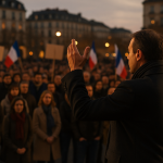 Ruffin se lance hors des circuits : meetings de plein air, pari numérique et défi de l’unité de la gauche Scène d’un meeting politique en plein air : un orateur en silhouette de dos face à une foule attentive, drapeaux tricolores discrets, banderoles sans logo, lumière de fin d’après-midi.