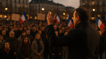 Scène d’un meeting politique en plein air : un orateur en silhouette de dos face à une foule attentive, drapeaux tricolores discrets, banderoles sans logo, lumière de fin d’après-midi.