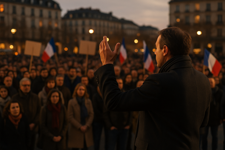 Scène d’un meeting politique en plein air : un orateur en silhouette de dos face à une foule attentive, drapeaux tricolores discrets, banderoles sans logo, lumière de fin d’après-midi.