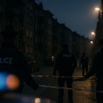 Nuit de tirs autour de Lyon : interpellation et saisie d’armes après une série d’intimidations Façade d'un immeuble urbain de banlieue la nuit, éclairée par des gyrophares de police au loin, avec des policiers en train de sécuriser la zone (vue distante, anonymisée).