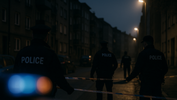 Façade d'un immeuble urbain de banlieue la nuit, éclairée par des gyrophares de police au loin, avec des policiers en train de sécuriser la zone (vue distante, anonymisée).