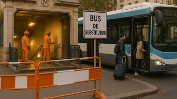 Vue illustrée d’une station de métro vide avec barrières de chantier, panneaux de substitution et bus de remplacement à proximité