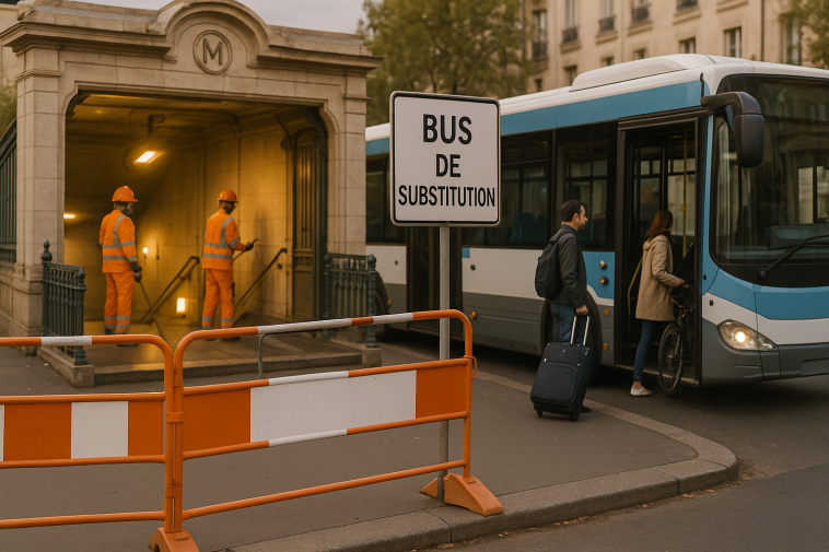 Vue illustrée d’une station de métro vide avec barrières de chantier, panneaux de substitution et bus de remplacement à proximité