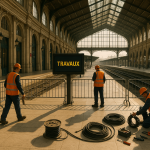 Intérieur d’une grande gare parisienne en travaux, espaces vides, agents en gilets de sécurité et panneaux d’information indiquant « Travaux »