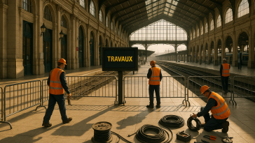 Intérieur d’une grande gare parisienne en travaux, espaces vides, agents en gilets de sécurité et panneaux d’information indiquant « Travaux »