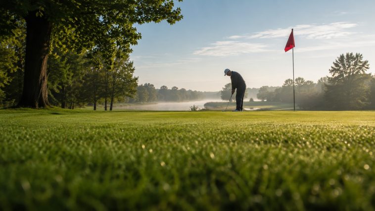 Golf du Clou près de Villars-les-Dombes : green et drapeau au matin