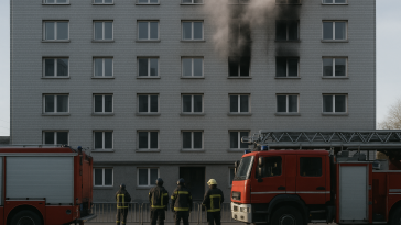 Façade d’un immeuble résidentiel de sept étages fumant légèrement au petit matin, camions de pompiers et barrières de sécurité au premier plan; absence de visages reconnaissables