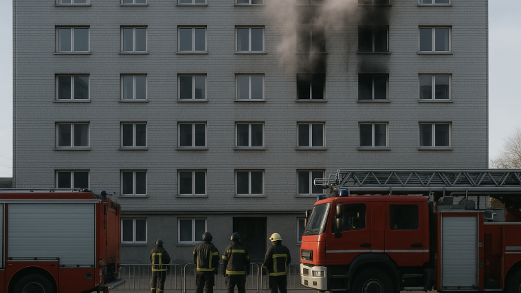 Façade d’un immeuble résidentiel de sept étages fumant légèrement au petit matin, camions de pompiers et barrières de sécurité au premier plan; absence de visages reconnaissables