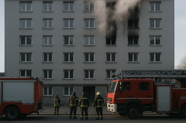 Façade d’un immeuble résidentiel de sept étages fumant légèrement au petit matin, camions de pompiers et barrières de sécurité au premier plan; absence de visages reconnaissables