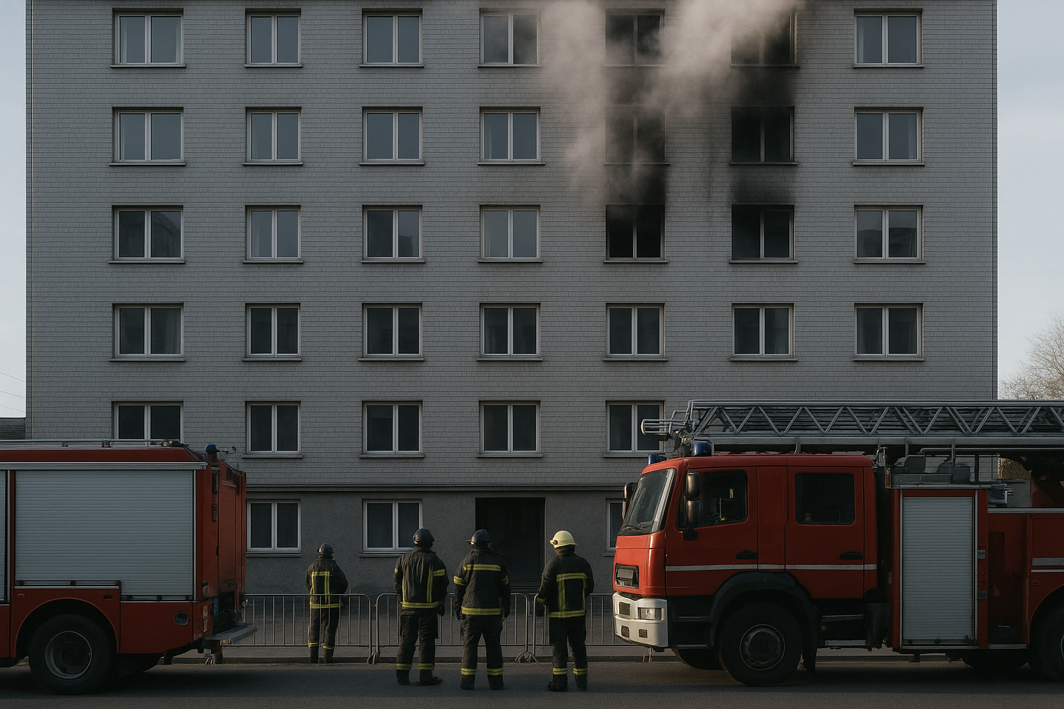 Façade d’un immeuble résidentiel de sept étages fumant légèrement au petit matin, camions de pompiers et barrières de sécurité au premier plan; absence de visages reconnaissables