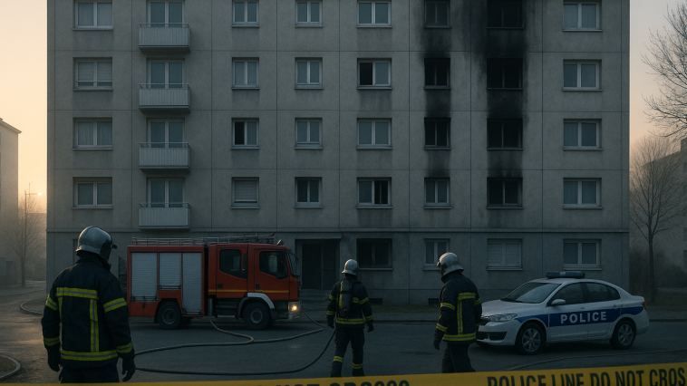Façade d’un immeuble résidentiel avec pompiers et cordon de police au petit matin
