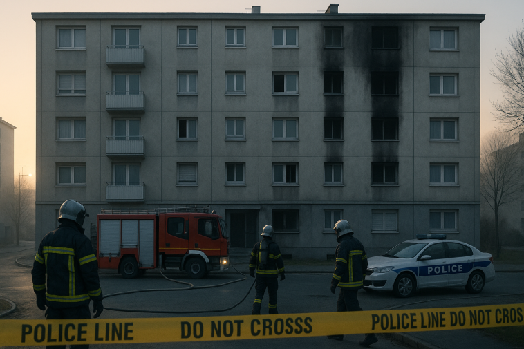 Façade d’un immeuble résidentiel avec pompiers et cordon de police au petit matin