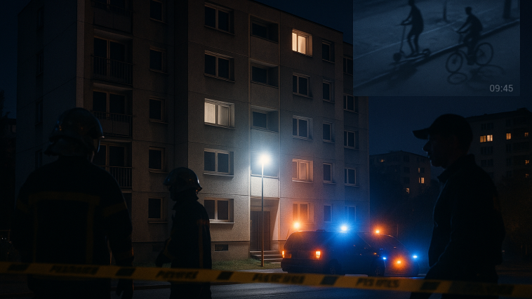 Immeuble de nuit avec lumières de secours, rubalise et silhouettes anonymes de secours