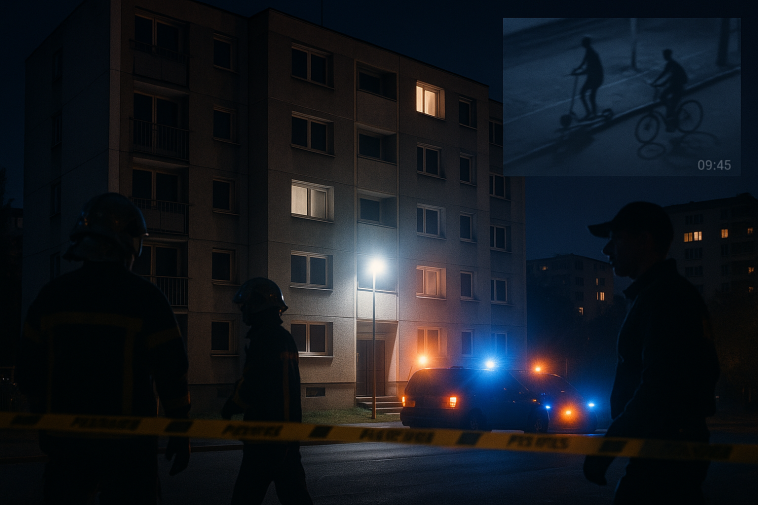 Immeuble de nuit avec lumières de secours, rubalise et silhouettes anonymes de secours