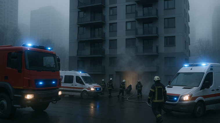 Immeuble d’habitation du Prainet enveloppé de fumée le matin, avec véhicules de secours et pompiers en intervention