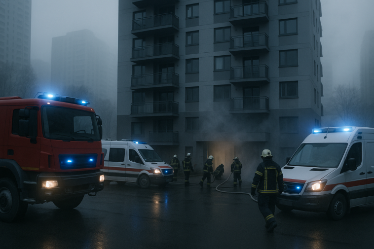 Immeuble d’habitation du Prainet enveloppé de fumée le matin, avec véhicules de secours et pompiers en intervention