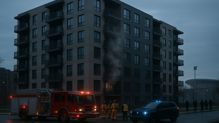 Immeuble résidentiel du quartier Prainet à Décines-Charpieu avec fumée légère au petit matin, pompiers et véhicules d’intervention sur place
