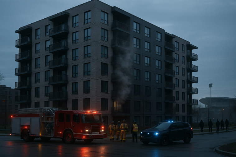 Immeuble résidentiel du quartier Prainet à Décines-Charpieu avec fumée légère au petit matin, pompiers et véhicules d’intervention sur place