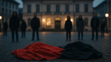 Vue symbolique : banderole rouge et noire froissée au sol, silhouettes floues en arrière-plan et façade stylisée d’un bâtiment administratif français