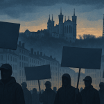 Illustration stylisée : silhouettes de manifestants et banderoles devant la silhouette de Lyon (Fourvière), tons sombres