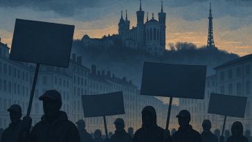 Illustration stylisée : silhouettes de manifestants et banderoles devant la silhouette de Lyon (Fourvière), tons sombres