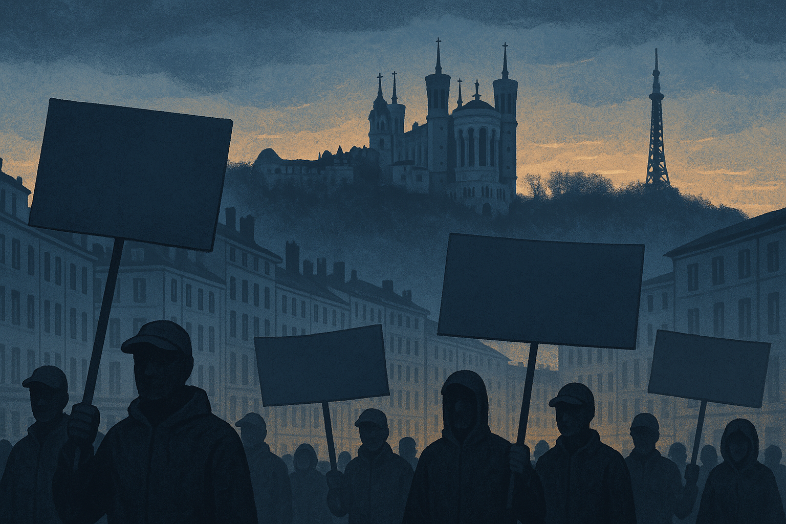 Illustration stylisée : silhouettes de manifestants et banderoles devant la silhouette de Lyon (Fourvière), tons sombres