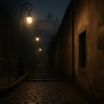 Vue nocturne et sobre d’une montée pavée menant vers un ancien palais de justice, avec une plaque commémorative visible sur un mur, sans personnages reconnaissables.