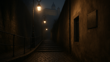 Vue nocturne et sobre d’une montée pavée menant vers un ancien palais de justice, avec une plaque commémorative visible sur un mur, sans personnages reconnaissables.